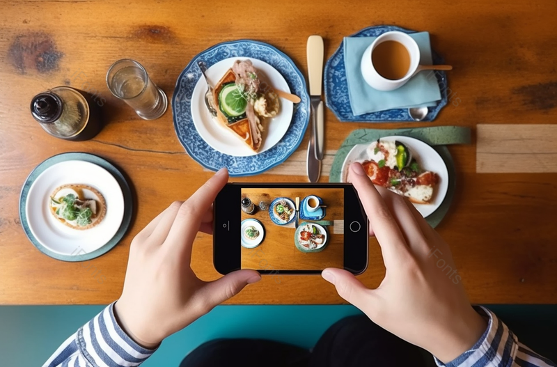 个人视角的男人拍摄他的早午餐在咖啡馆与智能手机,高清,摄影图,摄影图片,图片大全,摄影图免费下载